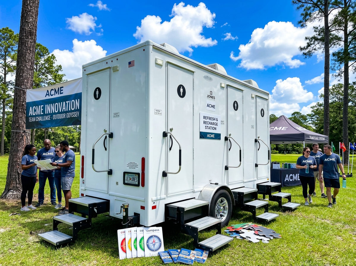 Luxury restroom trailer exterior at a corporate outdoor event
