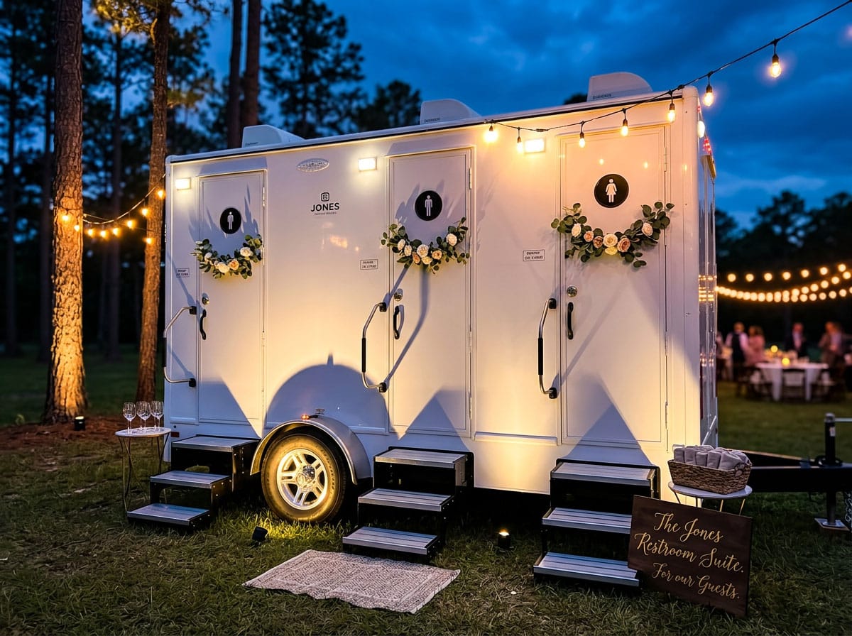 Luxury restroom trailer exterior decorated for an outdoor wedding reception