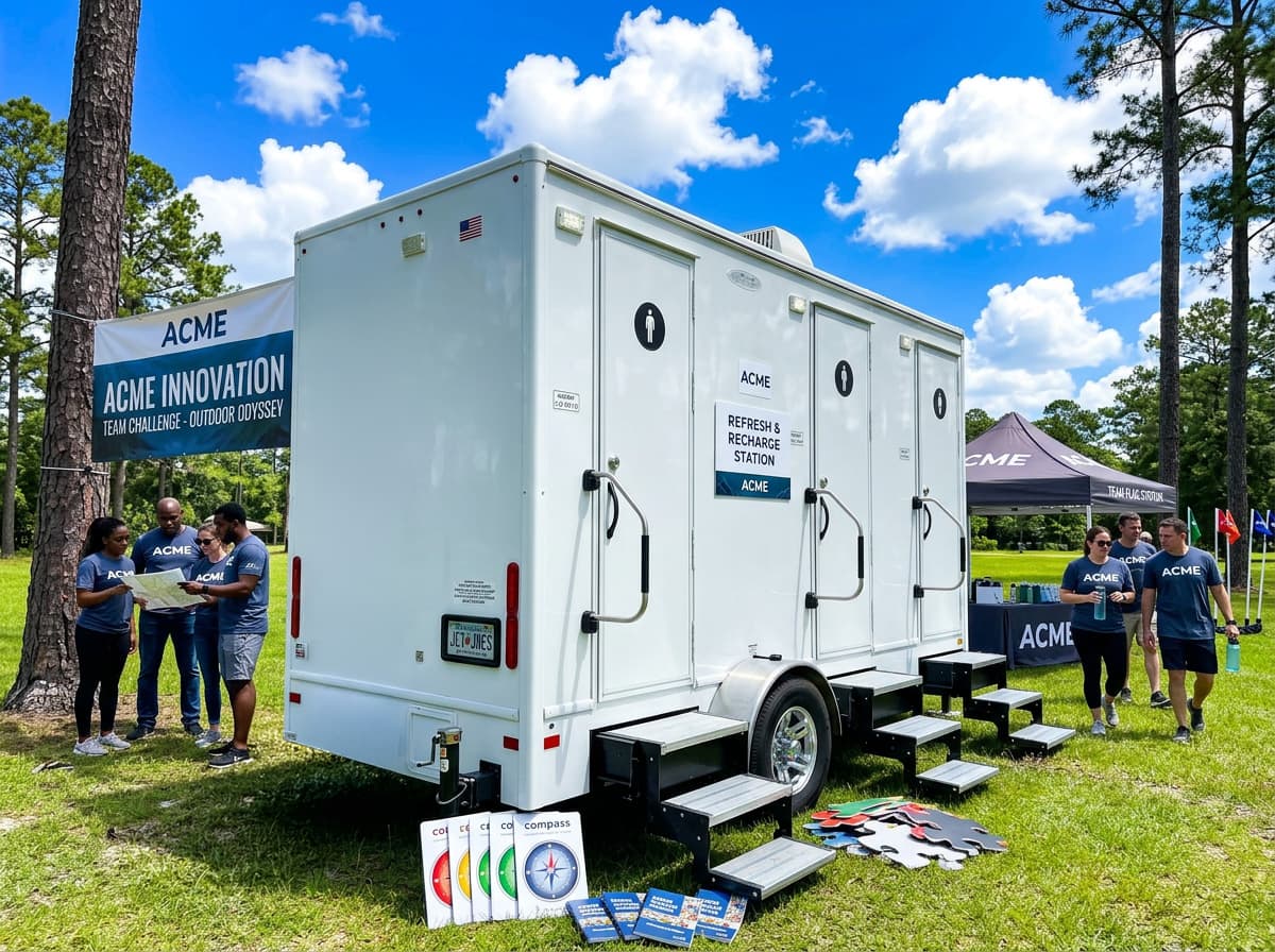 Luxury restroom trailer exterior at a corporate outdoor event